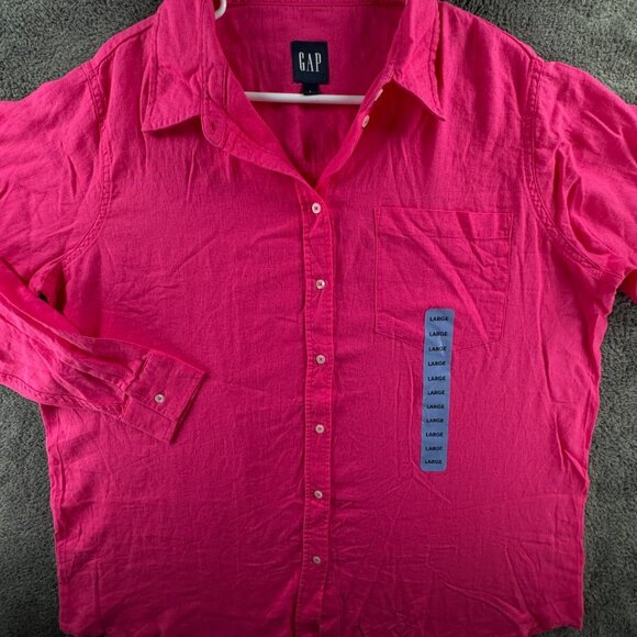 NWOT GAP Linen Rayon Blend Hot Pink Button Up Shirt Long Sleeve Large Ladies - Picture 2 of 12